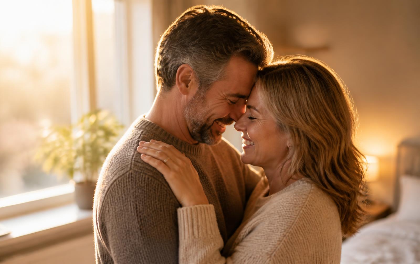 A couple embracing affectionately in warm morning light