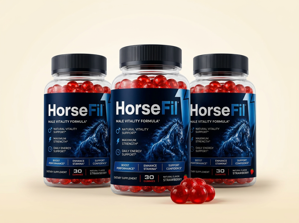 Three bottles of HorseFil male vitality gummies with red gummies in front