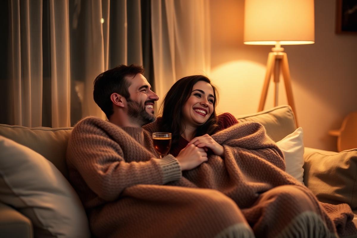 A couple laughing together on a sofa under warm lamp light