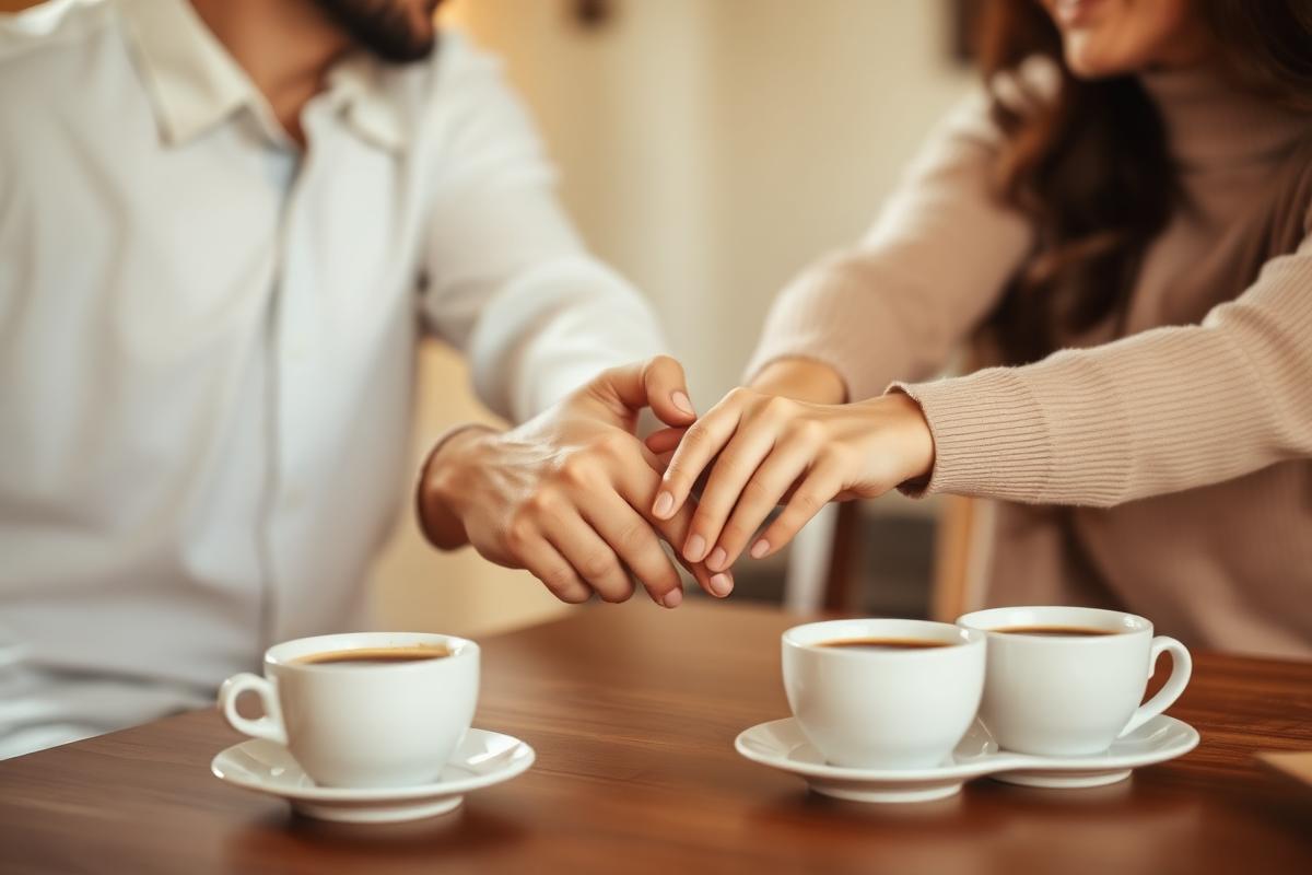 A couple holding hands across a breakfast table in soft daylight