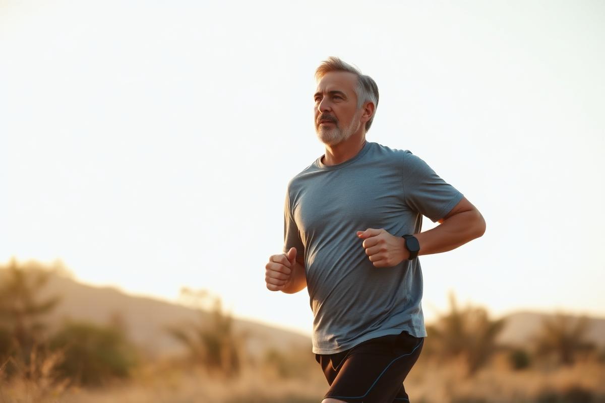 A man in his forties jogging outdoors at sunrise